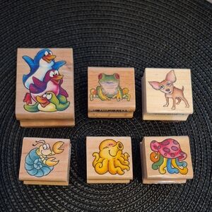 ASSORTED Animal Themed Wood Mount Rubber Stamp Set, Set Of 6